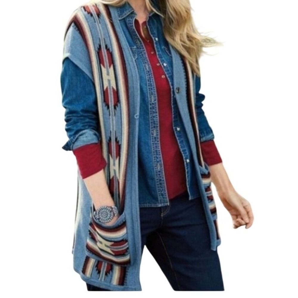 Chaps Vintage Women Southwestern Knit Vest Multi Geometric Longline Medium NWT